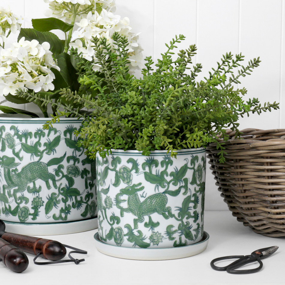 Small Emerson Green Chinoiserie Plant Pot, designed as a decorative container for a favourite plant