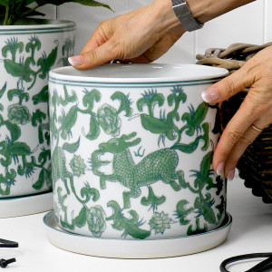 Small Emerson Green Chinoiserie Plant Pot, decorative planter or flower display