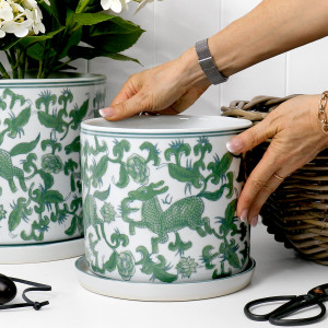 Small Emerson Green Chinoiserie Plant Pot, a plant display piece suited to adding greenery to a styled space