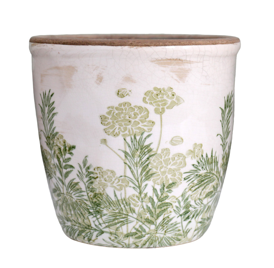 Large Glendale rounded ceramic plant pot with green floral detail, off-white crackle glaze and a brown rim