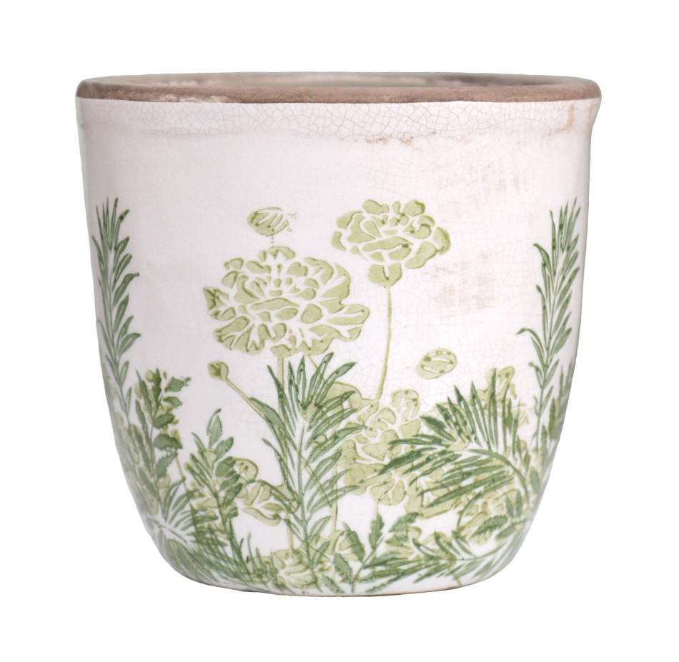 Small Glendale rounded ceramic plant pot with green flowers and foliage, off-white crackle glaze and a brown rim