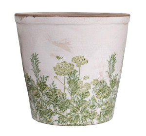 Large Glendale tapered ceramic plant pot with green flowers and foliage on an off-white vintage style glaze