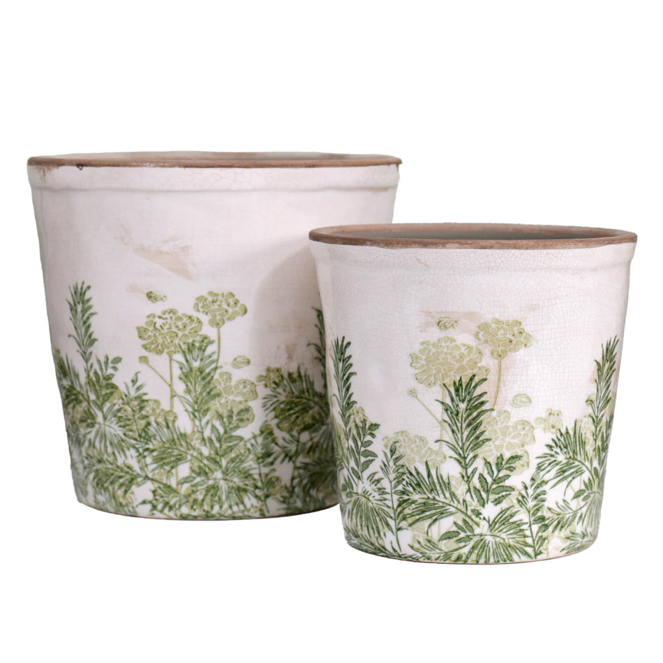 Small Glendale Taper Plant Pot in front of the coordinating larger size, both with green botanical designs