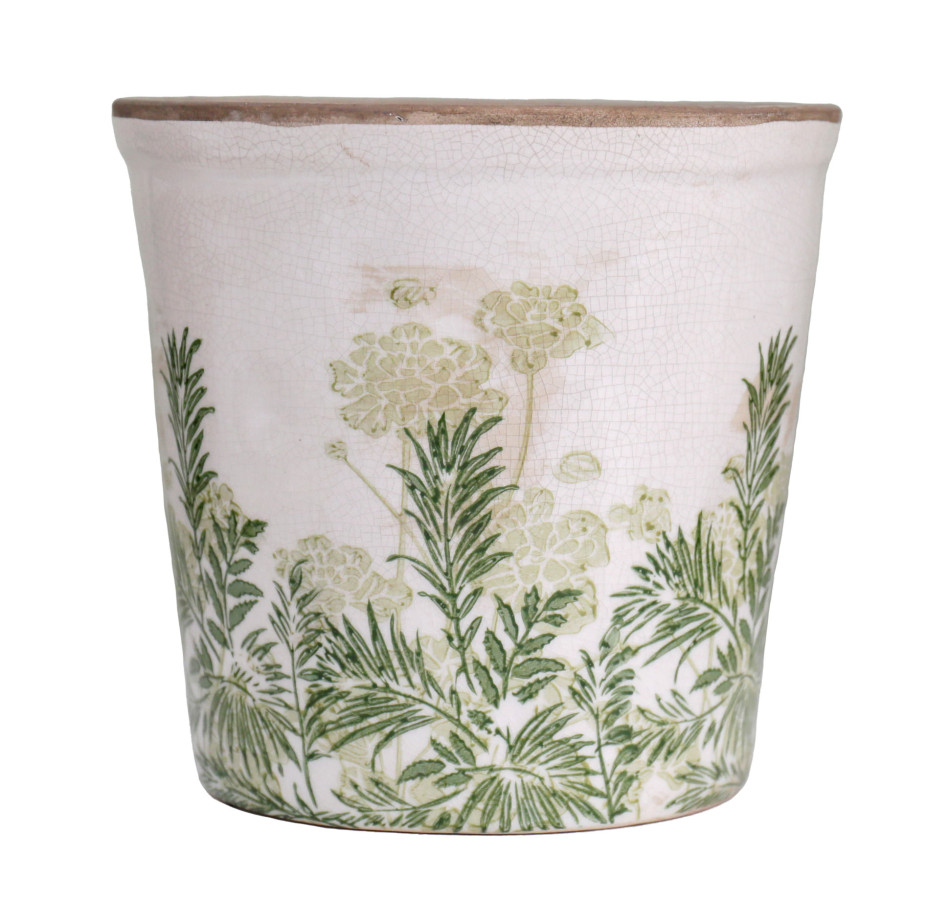 Small Glendale tapered ceramic plant pot with green botanical detail, off-white crackle glaze and a brown rim