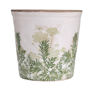 Small Glendale tapered ceramic plant pot with green botanical detail, off-white crackle glaze and a brown rim