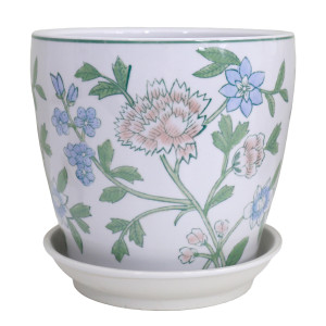 Medium Spring Flowers ceramic plant pot with pink and blue blooms, green leaves and a white saucer