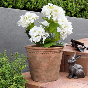 Alice White Hydrangea Artificial Plant in Pot, an easy-care decorative plant arranged for indoor display