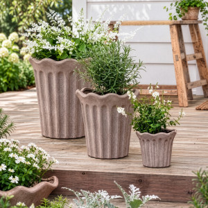 Three Tivoli fluted plant pots in graduated sizes with coordinating oval planters