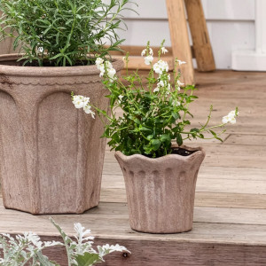 Small sand terracotta plant pot with white flowers styled beside a larger coordinating planter