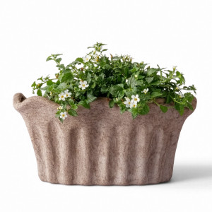 Front view of small fluted sand terracotta planter filled with white flowers