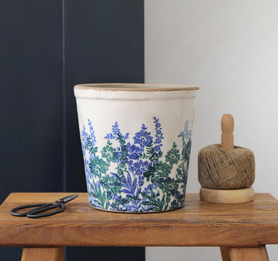 Medium Sevenoaks Blue Floral Planter, a decorative container for displaying plants