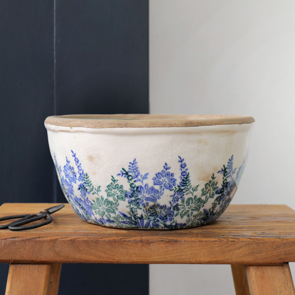Large Sevenoaks Blue Floral Shallow Planter, designed as a decorative container for a favourite plant