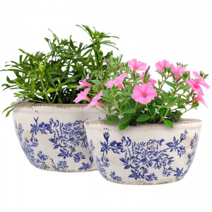 Small Arden Blue Floral Shallow Planter, designed as a decorative container for a favourite plant
