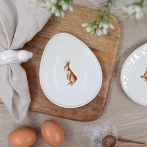 White ceramic Foxglove I trinket plate with an illustrated standing rabbit