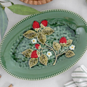 Wild Strawberry Green Platter, designed for practical dining use with an ornamental presentation