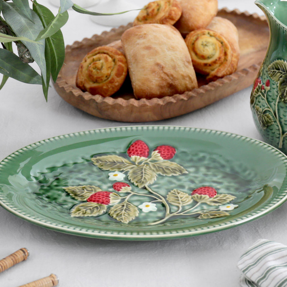 Wild Strawberry Green Platter, a tabletop piece for serving or decorative display