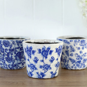 Set 3 Blue & White Floral Planters - Rose Set, a plant display piece suited to adding greenery to a styled space