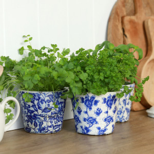 Set 3 Blue & White Floral Planters - Rose Set, decorative planter or flower display