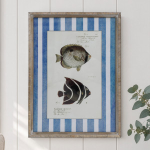 Mariner Fish II framed print with blue and white stripes on a white panelled wall beside eucalyptus