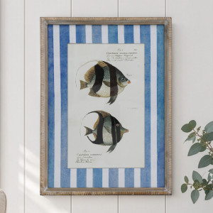 Mariner Fish III framed print with blue and white stripes on a white panelled wall beside eucalyptus