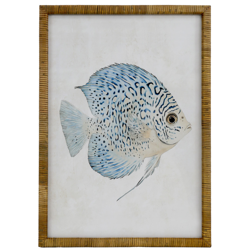 Coral Cove Fish I print showing a blue fish facing right on an off-white background within a rattan frame