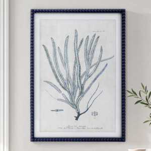 Close view of Blue Reef Whip Coral Framed Print showing its navy beaded frame and fine coral illustration