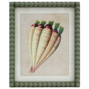 Slender cream salsify roots with green shoots on an aged cream background, surrounded by a beaded green frame