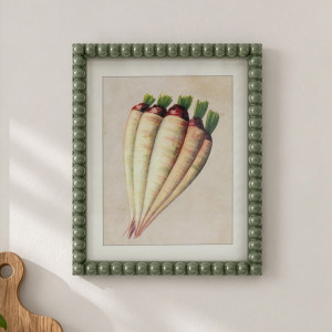 Close view of the Cottage Garden Salsify print with cream roots and green shoots in a beaded green frame