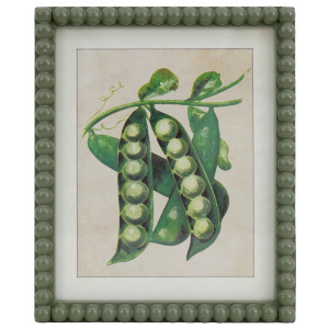 Green pea pods, leaves and curling tendrils on an aged cream background, surrounded by a beaded green frame