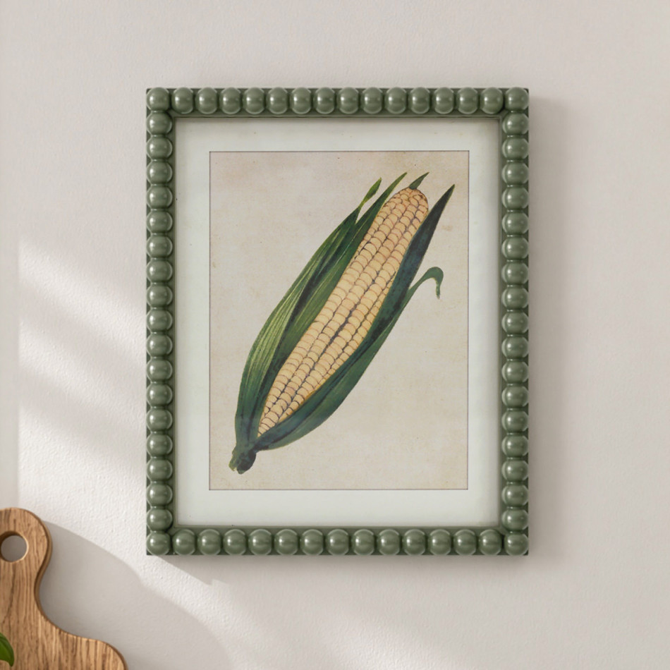 Close view of the Cottage Garden Sweetcorn botanical print in a beaded green frame on a cream wall