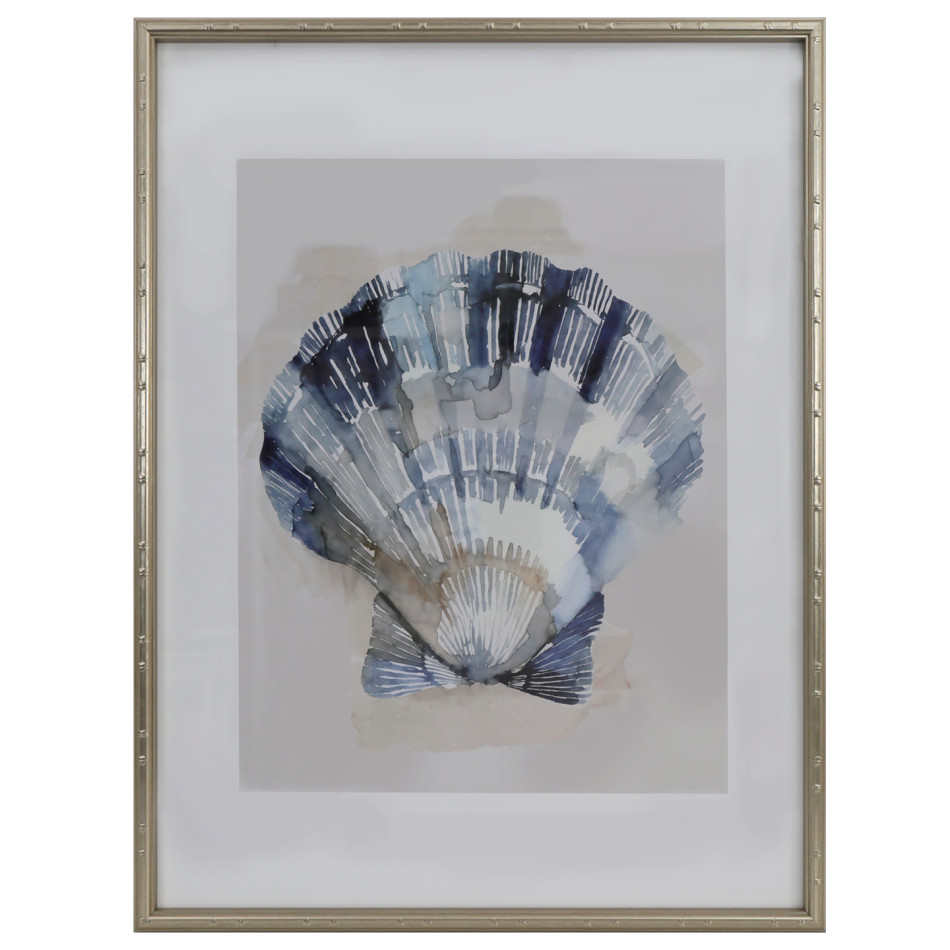Arcadia Scallop shell print with blue and navy watercolour-style detail, a white border and champagne gold frame