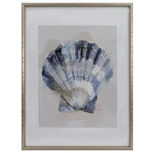 Arcadia Scallop shell print with blue and navy watercolour-style detail, a white border and champagne gold frame