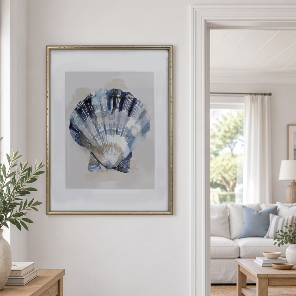Arcadia Scallop shell print on a hallway wall beside a doorway to a blue and white living room