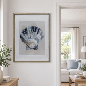 Arcadia Scallop shell print on a hallway wall beside a doorway to a blue and white living room