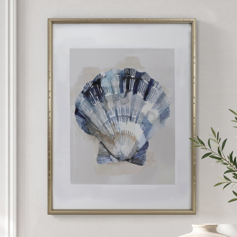 Arcadia Scallop shell print on the left beside the matching Turban print, above a timber sideboard with ceramic vases