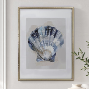 Arcadia Scallop shell print on the left beside the matching Turban print, above a timber sideboard with ceramic vases