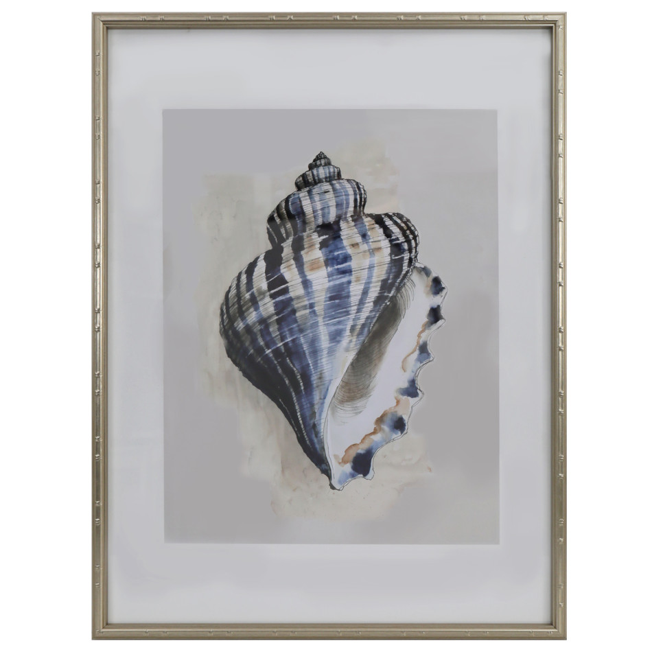 Arcadia Turban shell print with navy and blue markings, a white border and a satin champagne gold frame