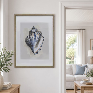 Arcadia Turban shell print on a hallway wall beside a doorway to a blue and white living room