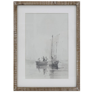 Falmouth Harbour I print showing boats and figures in pale grey, with a white border and rustic wood frame