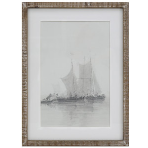 Falmouth Harbour II print with pale grey sailing boats, a wide white border and a whitewashed brown wood frame