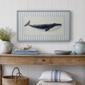 Nantucket Blue Whale Framed Print, presented as decorative artwork for creating a focal point on a wall
