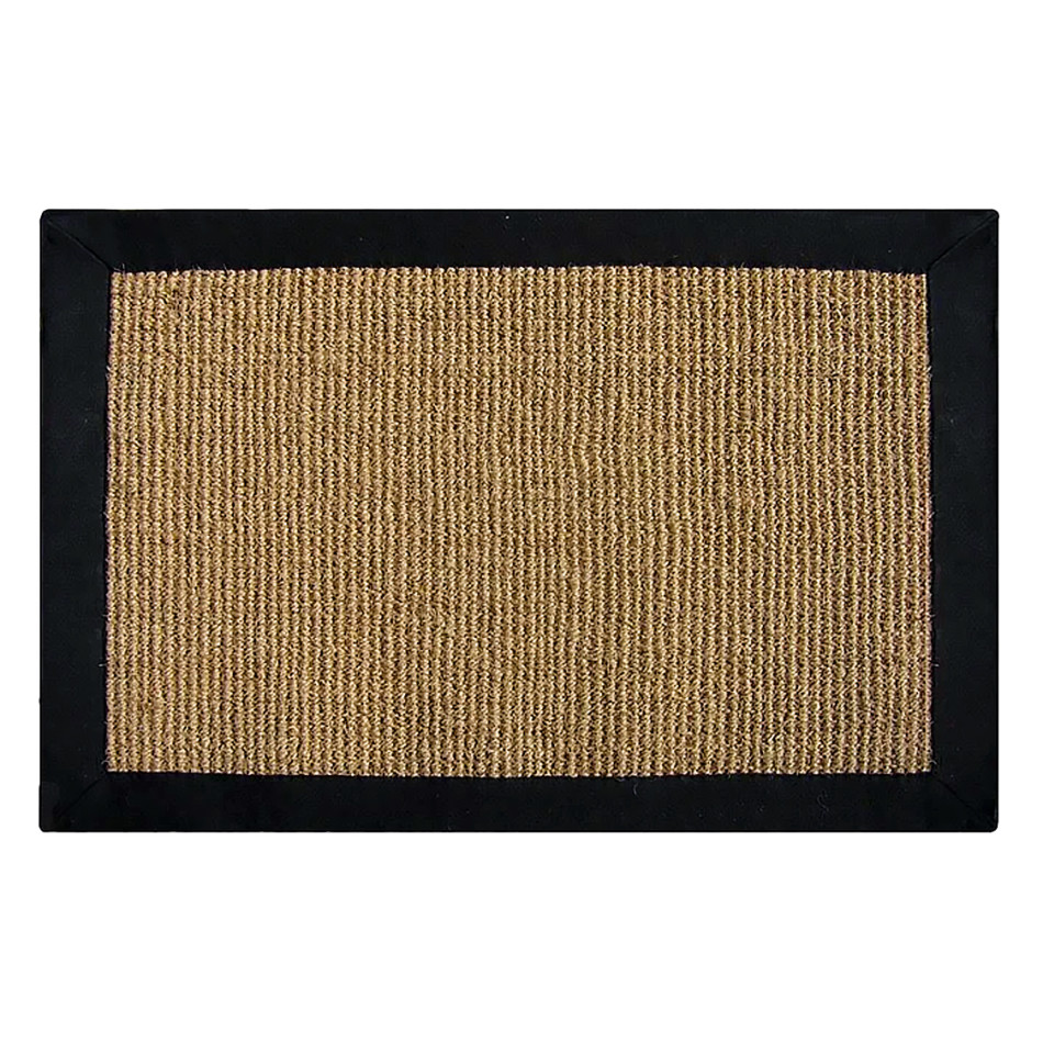 Small rectangular natural-fibre indoor mat with a contrasting black cotton border