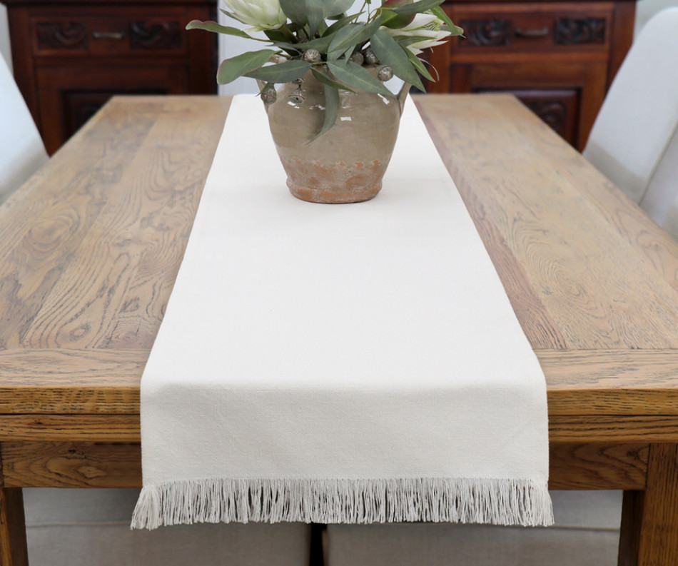 White Bronte Fringe Table Runner