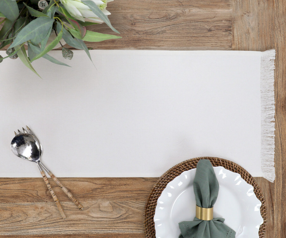White Bronte Fringe Table Runner
