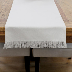 White Bronte Fringe Table Runner, an occasional furniture surface for display and everyday use