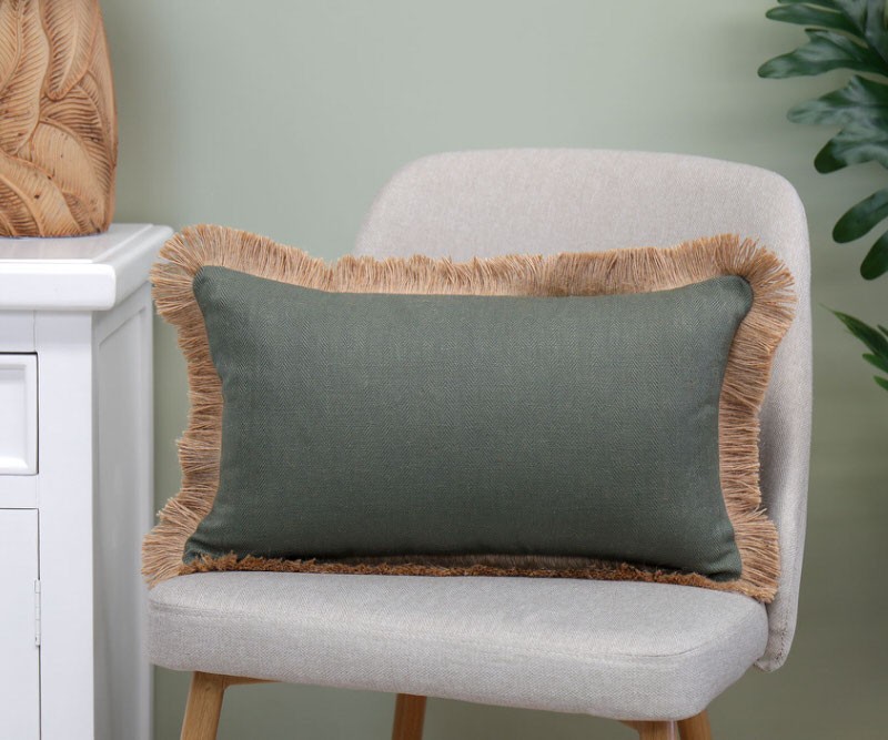 Rectangle Bacchus Sage Green Linen Cushion Jute Fringe