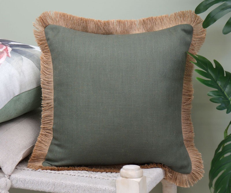 Bacchus Sage Green Linen Cushion Jute Fringe