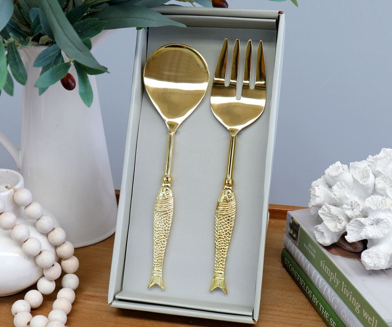 Sardinia Golden Fish Salad Servers Clearance Sale at French Knot