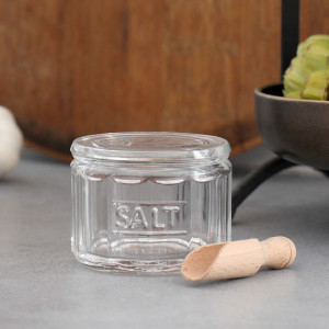 Classic Glass Salt Pot With Wooden Scoop, a practical vessel for drinks with decorative tabletop appeal