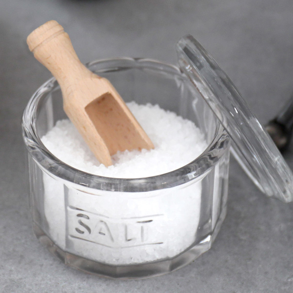 Classic Glass Salt Pot With Wooden Scoop, a drinkware piece for serving and tabletop use